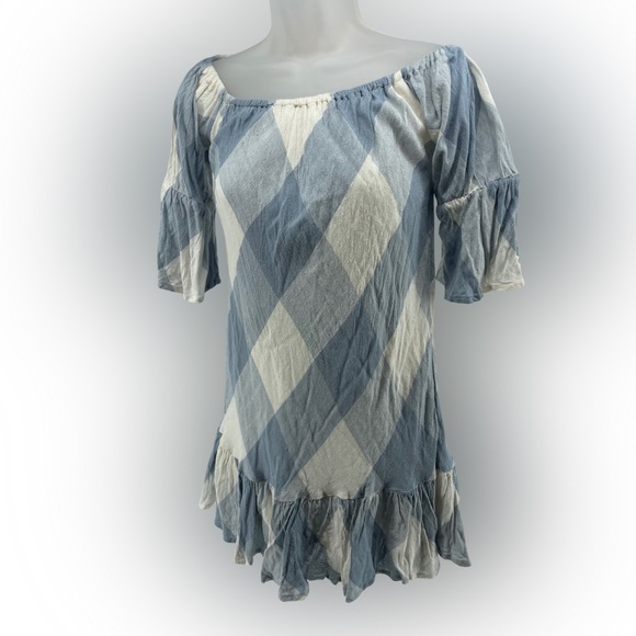 Tularosa Sara Off the Shoulder Dress Revolve Size Small Blue and White Diamond - Picture 2 of 8